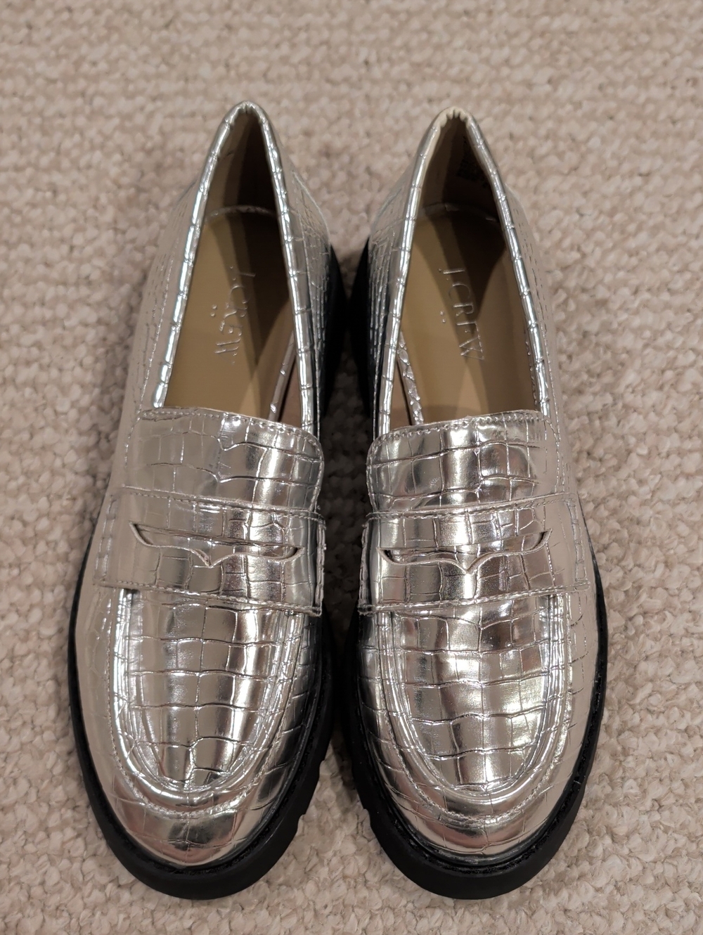 J. Crew Silver Croc-Embossed Penny Loafers